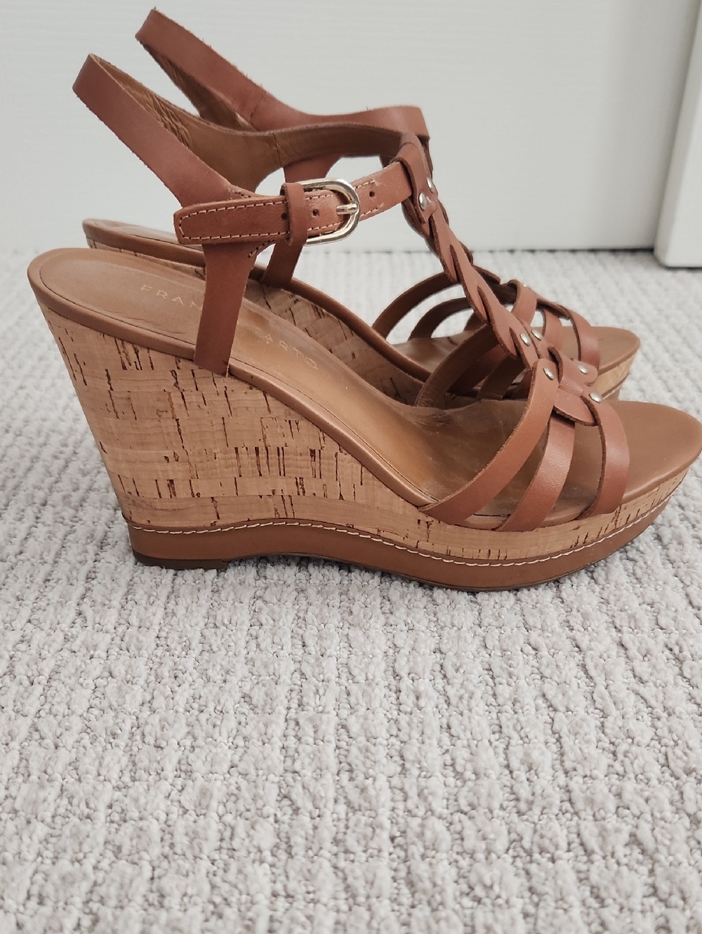 Franco Sarto Cork Tan Braided Leather Wedge Sandals - Picture 3 of 3